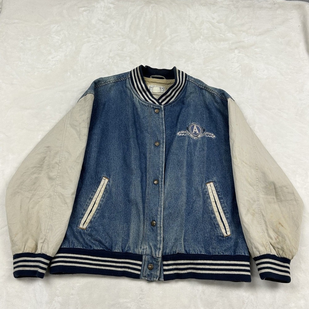 Arizona Jean Co Varsity Jacket Mens Large Blue Denim Canvas Sleeves Vintage